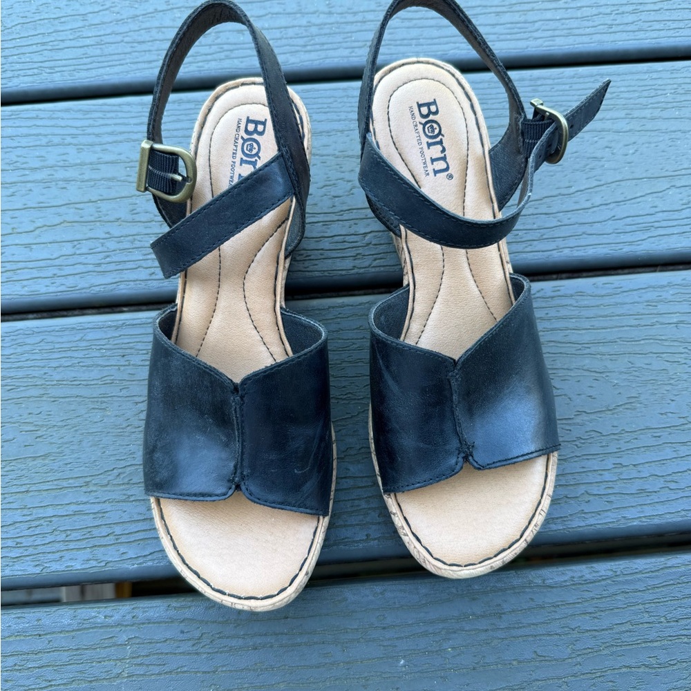 Born Black and Tan Sandals with Adjustable Ankle Strap